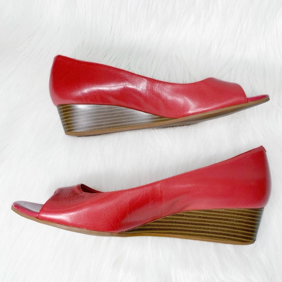 SOLD-Cole Haan Leather Peep Toe Low Heel Red Wedge Slip On Shoes - Picture 8 of 14